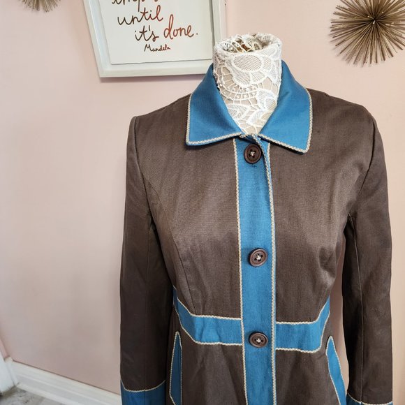 SOLDBODEN Colorblock turquoise, brown long jacket NWOT 12 Cotton - Picture 2 of 8